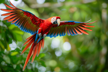 A stunning scarlet macaw spreads its colorful wings mid-flight against a verdant background - Powered by Adobe