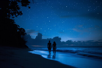 Silhouette of a couple on a beach under a starry sky at twilight
