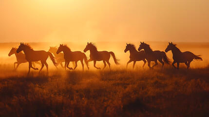 Fototapeta na wymiar Herd of Horses Running in Majestic Sunset Through the Field