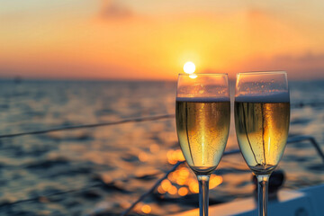 Two champagne glasses on a yacht's railing against a vibrant ocean sunset
