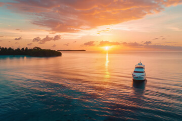Breathtaking aerial view of a yacht on calm waters at sunrise, with vibrant sky colors