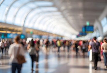 Blurred image of a busy airport terminal, generative AI