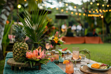 Elegant outdoor party table setting with tropical flowers and background musicians