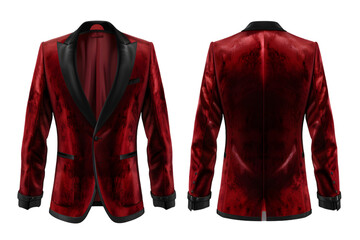 Front and back view of a ruby velvet smoking jacket template. Luxurious with a silk lapel, mockups for design and print, isolated on a white or transparent background. - obrazy, fototapety, plakaty