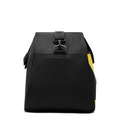 close up outdoor trendy fashion sports custom nylon crossbody shoulder bag small mini duffle gym travel bags for men women isolated on white background. side view. black and yellow colors handbag.