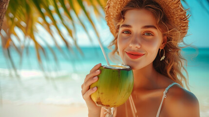 Young girl in a straw hat drinks coconut milk under a palm tree on the beach on a hot summer day, paradise holiday