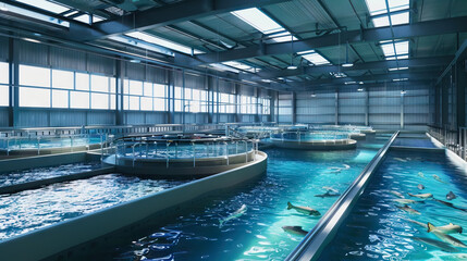 tanks of fish, visible water filtration and oxygenation units, aquaculture concept.