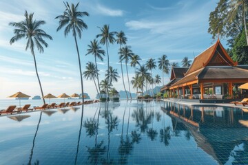 Fototapeta premium A stunning view of the swimming pool at an exotic resort surrounded by palm trees and chairs under umbrellas Generative AI
