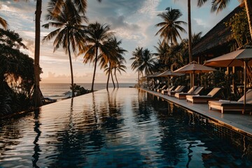 An elegant swimming pool surrounded by palm trees at sunset, with loungers and umbrellas set up along the edge of it Generative AI - obrazy, fototapety, plakaty