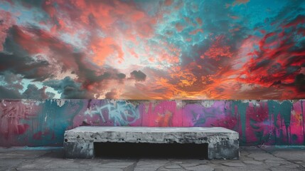 Grunge style concrete podium with a dynamic graffiti sky background, for urban and streetwear product showcases.