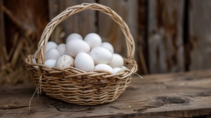 Basket of white chicken eggs on a wooden table in the chicken farm
