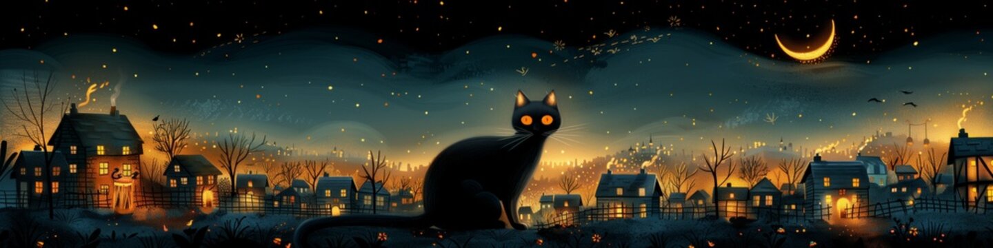 Mystical Nighttime Village Scene with Black Cat and Crescent Moon