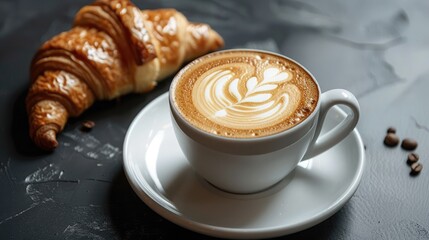 Cup of Cappuccino with beautiful cream latte art and a croissant on the side on a coffee shop table. Side view. Black Background.