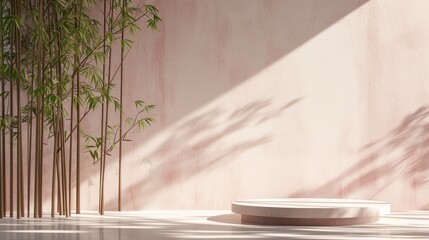 Cozy minimalist white round pedestal with bamboo plant and space room, beige concrete wall, and natural soft light