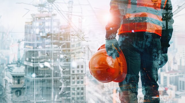 Double exposure image of construction worker holding safety helmet and construction drawing against the background of surreal construction site in the city