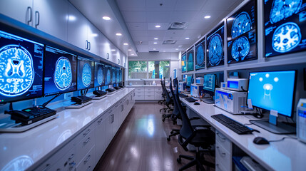 Neurology research lab filled with brain imaging equipment and computerized diagnostics tools