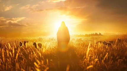 Papier Peint photo Prairie, marais Jesus Christ flock and praying to Jehovah God and bright light sun and Jesus silhouette background in the field