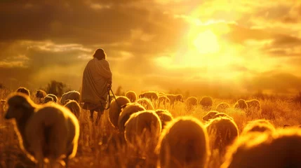Fotobehang Jesus Christ flock and praying to Jehovah God and bright light sun and Jesus silhouette background in the field © buraratn