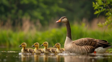 Obraz premium Parent Greylag Goose (Anser anser) out with their young goslings. Gelderland in the Netherlands.