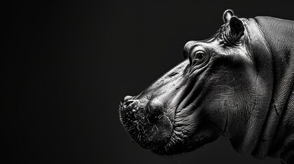 The muzzle of a hippopotamus. A close-up of a hippo in monochrome. A wild animal in its natural...