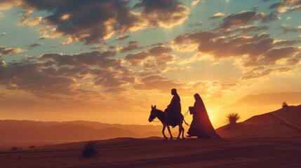 Silhouette Mary and Joseph journeying through the dessert with a donkey on sunset looking for a place to stay