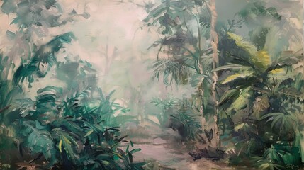 a painting of a tropical scene with palm trees