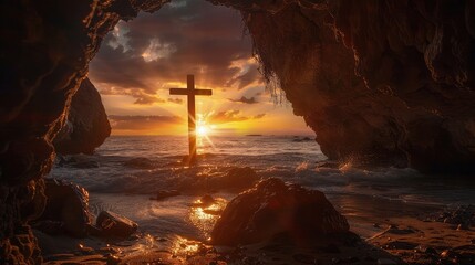 Sunset view of a wooden cross from a cave. - obrazy, fototapety, plakaty