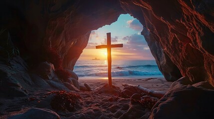 Sunset view of a wooden cross from a cave.