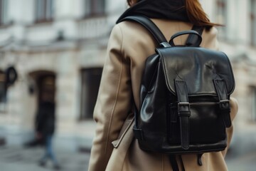 a woman with a backpack walking down a street
