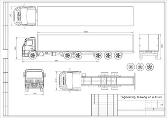 Vector engineering drawing of truck with trailer 
with dimensional lines
and numerical values of vehicle dimensions.
Cad scheme. Mechanical background. Design documentation.