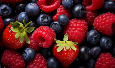 Close-up of fresh raspberries, blueberries and strawberries