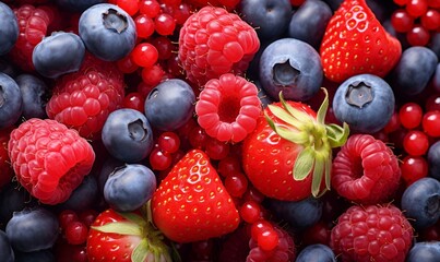 Berries background. Raspberries, blueberries, strawberries and raspberries
