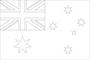 Australia flag - thin black vector outline wireframe isolated on white background. Ready for colouring.