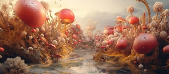 3D rendering of a fantasy landscape with a stream of pink and orange jellyfish - obrazy, fototapety, plakaty