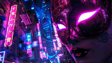 Modern interpretation of a Venetian masquerade, with abstract, futuristic masks and neon lights against a dark, urban setting.