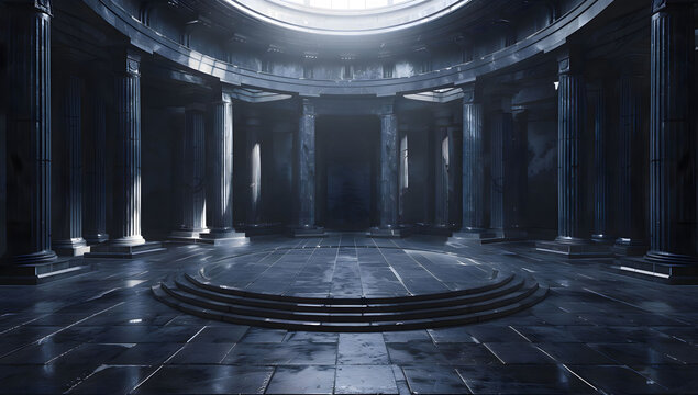 A dark circular room with columns and an empty stage, reminiscent of ancient Greek architecture, creates a fantasy-like atmosphere. The classic design features a background podium column.