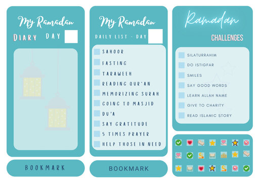 Ramadan activities card for kid, includes Ramadan challenges, to do list, diary, sticker and bookmark for mobile application template.
