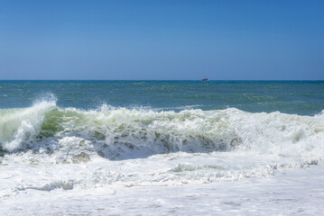 View from North Beach famous for giant waves in Nazare town on so called Silver Coast, Oeste region of Portugal