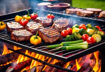 illustration, sizzling bbq grill juicy meat colorful vegetables cooking outdoors, food, delicious, meal, preparation, barbeque, hot