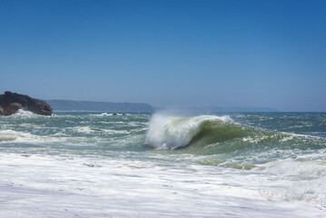 View from North Beach famous for giant waves in Nazare town on so called Silver Coast, Oeste region of Portugal