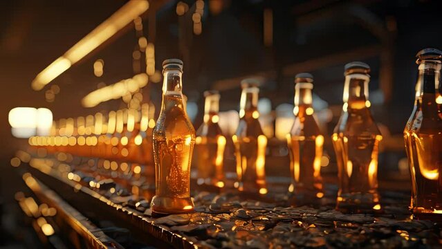 Glass beer bottles on a bottling conveyor line in a beverage brewery