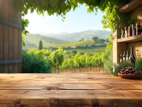 Wooden table top with grape branch and empty space to place product, against open window with blurred vineyard background