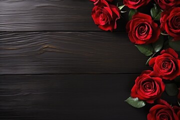 A corner cascade of radiant red roses on a dark wood surface, conveying a mood of romantic luxury. Red Roses on Black Elegance
