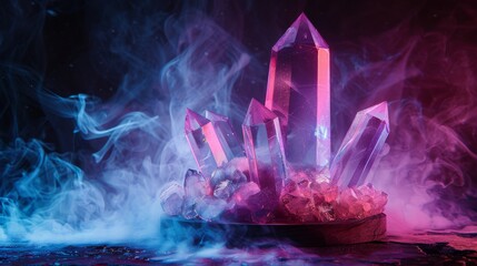 Mystical crystal podium with glowing gemstone smoke background, suitable for spiritual healing or new age product launches.