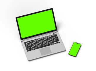 3D Render of laptop and phone with green screen on a transparent background
