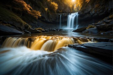 A waterfall is flowing into a river with a yellowish tint