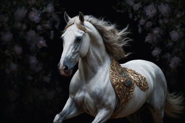 A white horse with a gold and blue blanket on its back