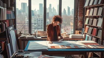 An interior designer is absorbed in evaluating various fabric samples spread across her studio table, with a backdrop of the cityscape outside. AIG41
