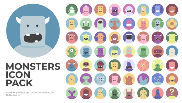 mega collection of monster icons, flat design cartoon illustrations, good for profile, stickers, ui/ux, etc