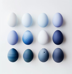 Creative layout made of eggs Palette of blue shades on white background. Flat lay. Easter concept.